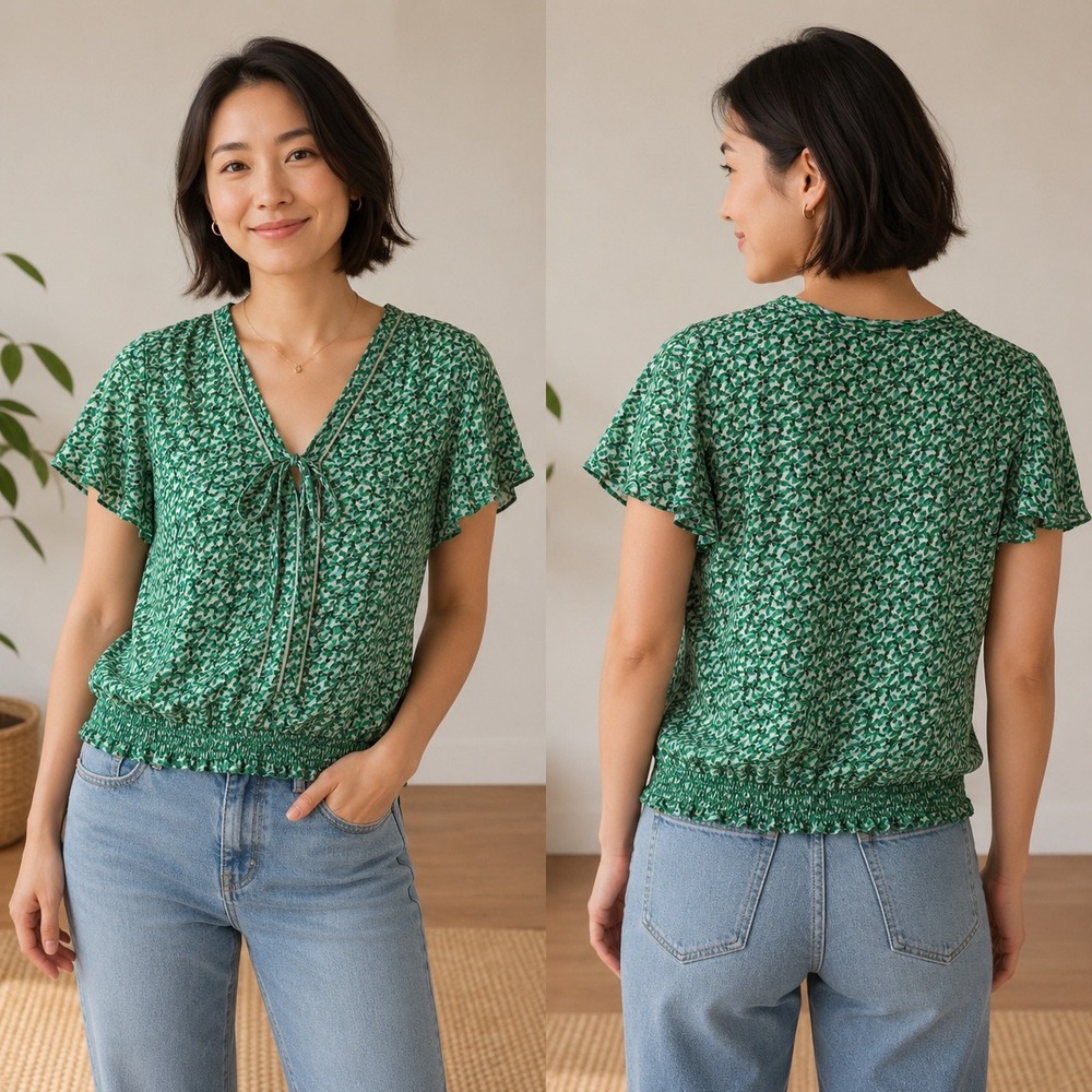 Max Studio Womens Green Blue Leaf Print Smocked Hem Tie V-Neck Blouse‎ Small